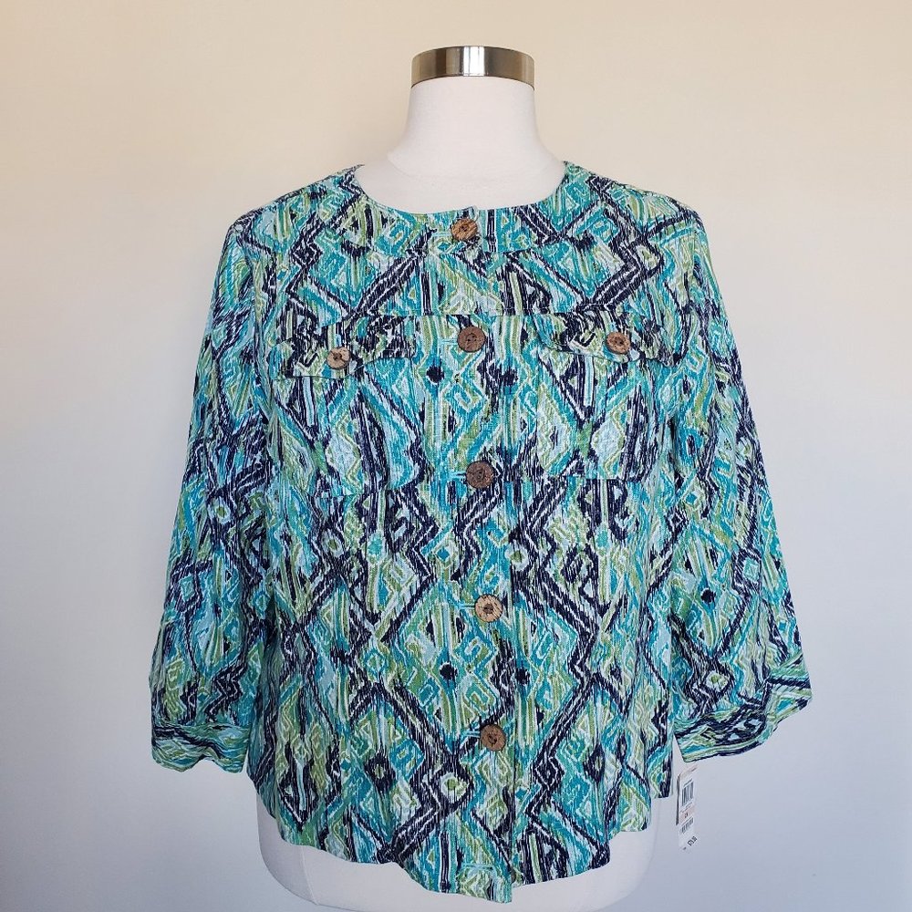 Charter Club 2X 100% Linen Blue Green Button Up Jacket Blazer Jungle Beat NWT